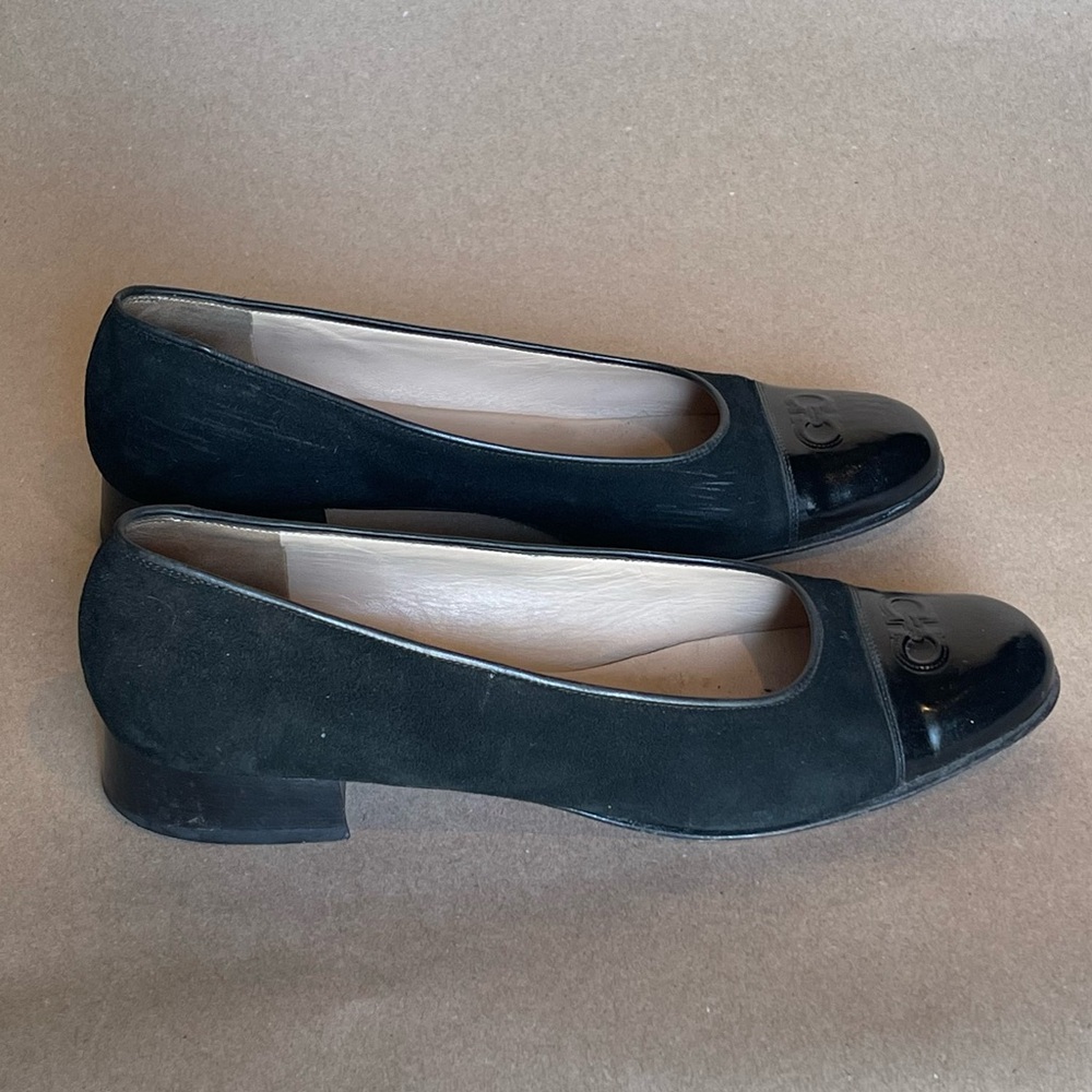 Salvatore Ferragamo Black Suede Flats with Patent Toe and Gancini
